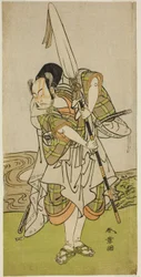 Skådespelaren Nakamura Juzo II som Asahara Hachiro förklädd till en furstlig familjs tjänare i pjäsen Onna Aruji Hatsuyuki no Sekai, framförd på Morita-teatern under elfte månaden, 1773
