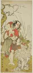 Skådespelaren Nakamura Juzo II som Yushichi (?) i pjäsen Keisei Momiji no Uchikake (?), framförd på Morita Theatre (?) i den sjunde månaden, 1772 (?)