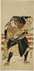 Skådespelaren Nakamura Nakazo I som Abe no Sadato (?) i Play Date Nishiki Tsui no Yumitori (?), framförd på Morita Theatre (?) i elfte månaden, 1778 (?)
