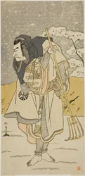 Skådespelaren Nakamura Nakazo I som Akugenda Yoshira förklädd till pilgrim, i pjäsen Chigo Torii Tobiiri Kitsune, som spelades på Ichimura-teatern under den elfte månaden,