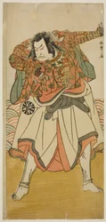 Skådespelaren Nakamura Nakazo I som Chinzei Hachiro Tametomo förklädd till en asketisk munk, i pjäsen Kitekaeru Nishiki no Wakayaka, framförd på Nakamura Theatre under elfte månaden, 1780