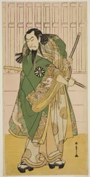 Skådespelaren Nakamura Nakazo I som Hige no Ikyu i pjäsen Nanakusa Yosooi Soga, framförd på Nakamura Theatre i den femte månaden, 1782