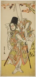 Skådespelaren Nakamura Nakazo I som Katsuhei, tjänare till en furstlig familj, i pjäsen Uta Kurabe Tosei Moyo, framförd på Morita Theatre i elfte månaden, 1779