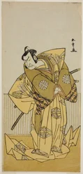 Skådespelaren Nakamura Nakazo I som Kudo Sukestune (?) i pjäsen Kokimazete Takao Soga (?), framförd på Ichimura-teatern (?) under andra månaden, 1778