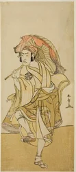 Skådespelaren Nakamura Nakazo I som Onmaya Kisanda förklädd till lejondansaren Kakubei i pjäsen Chigo Torii Tobiiri Kitsune, framförd på Ichimura-teatern under elfte månaden, 1777
