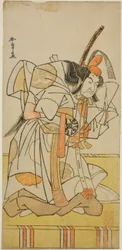 Skådespelaren Nakamura Nakazo I som prins Takahiro i Play Date Nishiki Tsui no Yumitori, framförd på Morita Theatre i den elfte månaden, 1778
