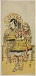 Nakamura Nakazo I som Takechi Jubei Mitsuhide i pjäsen Shusse Taiheiki, uppförd på Nakamura Theatre under den åttonde månaden,