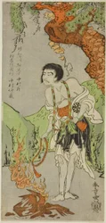 Skådespelaren Nakamura Nakazo I som munk, Raigo Ajari, i pjäsen Nue no Mori Ichiyo no Mato (Forest of the Nue Monster: Target of the Eleventh Month), framförd på Nakamura Theatre från den första dagen i den elfte månaden, 1770