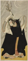 Skådespelaren Nakamura Nakazo I som åskguden, en inkarnation av Kan Shojo, i pjäsen Sugawara Denju Tenarai Kagami, uppförd på Moritateatern under den tredje månaden 1780