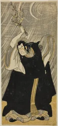 Skådespelaren Nakamura Nakazō I som åskguden, en inkarnation av Kan Shōjō, i pjäsen ”Sugawara Denju Tenarai Kagami”, uppförd på Morita-teatern under den tredje månaden 1780