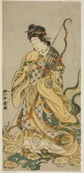 Skådespelaren Nakamura Noshio I som gudarna Benzaiten av Enoshima i pjäsen Onno Aruji Hatsuyuki no Sekai, framförd på Morita-teatern under den elfte månaden, 1773