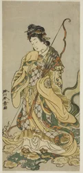 Skådespelaren Nakamura Noshio I som gudinnorna Benzaiten från Enoshima i pjäsen Onno Aruji Hatsuyuki no Sekai, uppförd på Morita Theater under den elfte månaden, ca 1773 (färgtryck i trä; hosoban)