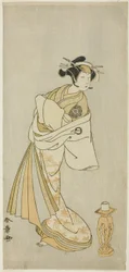 Skådespelaren Nakamura Noshio I som kurtisanen Takaos ande, i shosagoto-danssekvensen "Sono Utsushi-e Matsu ni Kaede" (En skuggbild av tall och lönn), den sista scenen i andra delen av pjäsen Keisei Momiji no Uchikake (Kurtisan i en överkimono)