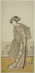 Skådespelaren Nakamura Tomijuro I som Lady Hangaku (Hangaku Gozen) i pjäsen Wada-gassen Onna Maizuru, framförd på Nakamura Theatre i den sjunde månaden, c.1777 (träblock i färg; hosoban)
