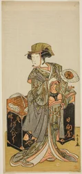 Skådespelaren Nakamura Tomijuro I som den kvinnliga bönkakehandlaren Hyugaya i pjäsen Chigo Torii Tobiiri Kitsune, framförd på Ichimura-teatern under elfte månaden, 1777