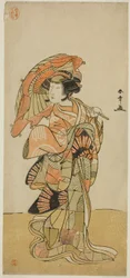 Skådespelaren Nakamura Tomijuro I som rävhonan från berget Ubagadake i pjäsen "Chigo Torii Tobiiri Kitsune", uppträdde på Ichimura Theatre i elfte månaden 1777