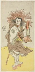 Skådespelaren Nakayama Kojuro VI som Osada no Taro Kagemune (i verkligheten Hatcho Tsubute no Kiheiji), i skepnad av en lamptändare vid Gion Shrine, i akt tre från del ett av pjäsen Yukimotsu Take Furisode Genji (Snötäckt bambu: Genji i långa ärmar),