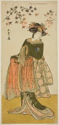 Skådespelaren Nakayama Tomisaburo I som Geisha Yukino (eller Oyuki?) i pjäsen Kabuki no Hana Bandai Soga, framförd på Ichimura-teatern den fjärde månaden, 1781