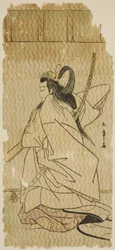 Skådespelaren Onoe Matsusuke I som prins Takanori i pjäsen "Kaeribana Eiyu Taiheiki", uppfördes på Nakamura Theatre i elfte månaden, 1779