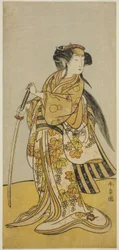 Skådespelaren Onoe Tamizo I som Kureha (?) i pjäsen Shusse Taiheiki (?), framförd på Nakamura-teatern (?) den åttonde månaden, 1775 (?)