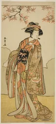 Skådespelaren Osagawa Tsuneyo II som Onoe no Mae i Play Date Nishiki Tsui no Yumitori, framförd på Morita Theatre i den elfte månaden, 1778