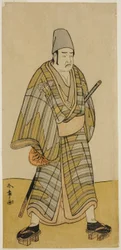 Skådespelaren Otani Hiroemon III som Gokumon Shobei i pjäsen Sugata no Hana Kurofune Zukin, framförd på Morita Theatre under den nionde månaden, 1774