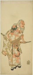 Skådespelaren Otani Hiroemon III som Hige no Ikyu i scenen "Sukeroku" i pjäsen "Hitokidori Harutsuge Soga"