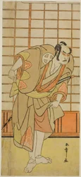 Skådespelaren Otani Hiroji III som Hata no Daizen Taketora förklädd till Shikishima Wakahei i pjäsen Juni-hitoe Komachi-zakura, uppförd på Kiri-teatern i den elfte månaden 1784