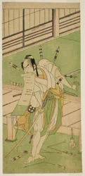 Skådespelaren Otani Hiroji III som en vit räv förklädd till Ukishima Daihachi i pjäsen Shinasadame Soma no Mombi, framförd på Ichimura Theatre i den sjunde månaden, 1770