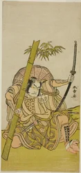 Skådespelaren Otani Hiroji III som vakten Kuriu Zaemon Yorikata i pjäsen Azuma no Mori Sakae Kusunoki, framförd på Ichimura-teatern under elfte månaden, 1779