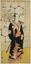 Skådespelaren Sawamura Sojuro III som Sonobe Zaemon i pjäsen "Shin Usuyuki Monogatari", uppfördes på Ichimura Theatre i den åttonde månaden, 1779