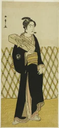 Skådespelaren Sawamura Sojuro III som frisören Jirokichi i pjäsen Shida Choja-bashira, framförd på Nakamura-teatern den åttonde månaden, 1781