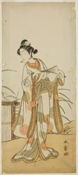 Skådespelaren Segawa Kikunojo III som Aigo no Waka i pjäsen Chigo Sakura Jusan Kane, framförd på Ichimura Theatre i den elfte månaden, 1774