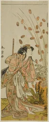 Segawa Kikunojo III som Hito-maru Förklädd till kurtisan Chiyozaki, i Play Cup av Hana Katsuragi no Kane, uppträdde på Ichimura Theatre den tredje månaden