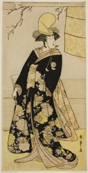 Skådespelaren Segawa Kikunojo III som Shirabyoshi-dansare i Musume Dojo-ji i pjäsen Edo no Hana Mimasu Soga, framförd på Nakamura Theatre under den fjärde månaden, 1783
