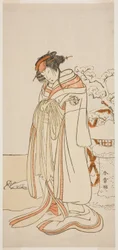 Skådespelaren Segawa Kikunojo III som kurtisanen Kisewata (Tagasode) (?) i pjäsen Hana-zumo Genji Hiiki (?), framförd på Nakamura-teatern (?) under elfte månaden, 1775 (?)