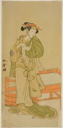 Skådespelaren Yamashita Kinsaku II som Moshio i pjäsen Izu-goyomi Shibai no Ganjitsu, framförd på Morita Theatre i den elfte månaden, 1772