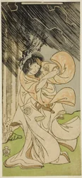 Skådespelaren Yamashita Kinsaku II som en åskgudinna i pjäsen Onna Narukami, framförd på Morita Theatre under den första månaden, 1770