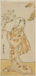Skådespelaren Yoshizawa Sakinosuke III som Naniwazu i pjäsen Sugata no Hana Yuki no Kuronushi, uppförd på Ichimura-teatern under den elfte månaden 1776