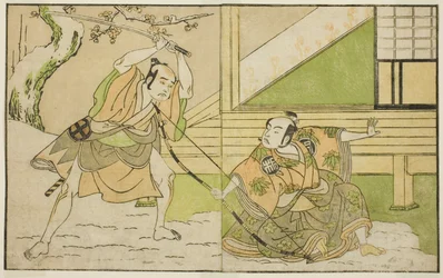 Skådespelarna Arashi Sangoro II som Hojo Tokiyori (höger) och Otani Hiroji III som Koga Saburo (vänster), i pjäsen Kono Hana Yotsugi no Hachi no Ki, framförd på Ichimura-teatern under den elfte månaden, 1771