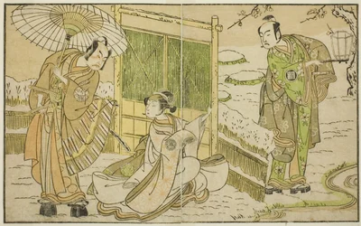 Skådespelarna Arashi Sangoro II som Minamoto no Yoritomo (höger), Segawa Kikunojo II som Yuki Onna (mitten) och Ichimura Uzaemon IX som Kajiwara Genta no Kagetoki, i pjäsen Myoto-giku Izu no Kisewata, framförd på Ichimura Theatre i Elfte månaden,