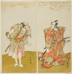 Skådespelarna Bando Mitsugoro I som Hata no Kawakatsu (höger) och Otani Hiroemon III som tjänaren (Yakko) Gansuke (vänster), i pjäsen Miya-bashira Iwao no Butai (Shrine Pillars on a Stone Base), framförd på Morita Teater från den femtonde dagen t
