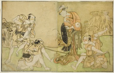 Skådespelarna Bando Zenji I som Nagahashi Saburo, Iwai Hanshiro IV som Otatsu-gitsune, Nakamura Konozo som Hagai Ujitsune och en oidentifierad skådespelare (höger till vänster), i pjäsen Nue no Mori Ichiyo no Mato, framförd på Nakamura Theatre i Elfte måna