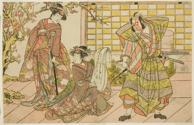 Skådespelarna Ichikawa Danjuro V som Miura Kunitae (höger), Segawa Kikunojo III som Yasukata (mitten) och Iwai Hanshiro IV som Utou (vänster), i pjäsen Godai Genji Mitsugi no Furisode, framförd på Nakamura Theatre under den elfte månaden, 1782