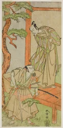 Skådespelarna Ichikawa Danjuro V som Momonoi Wakasanosuke (höger) och Nakamura Nakazo I som Kakogawa Honzo (vänster), i pjäsen Kanadehon Chushingura, framförd på Nakamura Theatre i den femte månaden, 1771