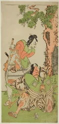 Skådespelarna Ichikawa Danzo III som I no Hayata Tadazumi (höger) och Matsumoto Koshiro II som Osada no Taro Kagemune förklädd till Yatsurugi Zaemon (vänster), i pjäsen Nue no Mori Ichiyo no Mato, framförd på Nakamura Theatre under elfte månaden , 1770