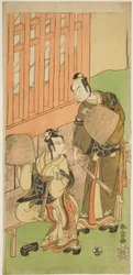 Skådespelarna Ichikawa Komazo II som Soga no Juro Sukenari (höger) och Ichikawa Danjuro V som Soga no Goro Tokimune (vänster), i Komuso Attires, i pjäsen Sakaicho Soga Nendaiki, framförd på Nakamura Theatre under den första månaden, 1771