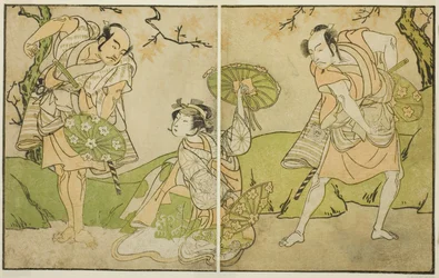 Skådespelarna Ichikawa Somegoro (höger), Segawa Kikunojo II (mitten) och Bando Sampachi (vänster), i oidentifierade roller i pjäsen Myoto-giku Izu no Kisewata, framförd på Ichimura-teatern under den elfte månaden, 1770