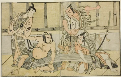 Skådespelarna Ichikawa Yaozo II som Kujaku no Saburo, Matsumoto Koshiro II som Hata no Daizen Taketora, Nakajima Mihoemon II som Aramaki Mimishiro och Nakamura Shocho I som Ki no Tsurayuki (höger till vänster), i Play Kuni no Hana Ono no Itsumoji, Uppträdd