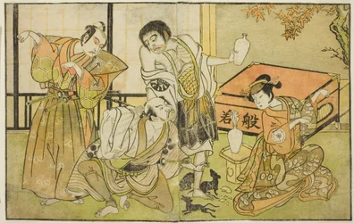 Skådespelarna Iwai Hanshiro IV som Otatsu-gitsune, Nakamura Nakazo I som Raigo Ajari, Sakata Tojuro III som Kamada Gon-no-kami Masayori och Ichikawa Yaozo II som Sakon-gitsune (höger till vänster), i pjäsen "Nue no Mori" Ichiyo no Mato," uppträdde på Nakam